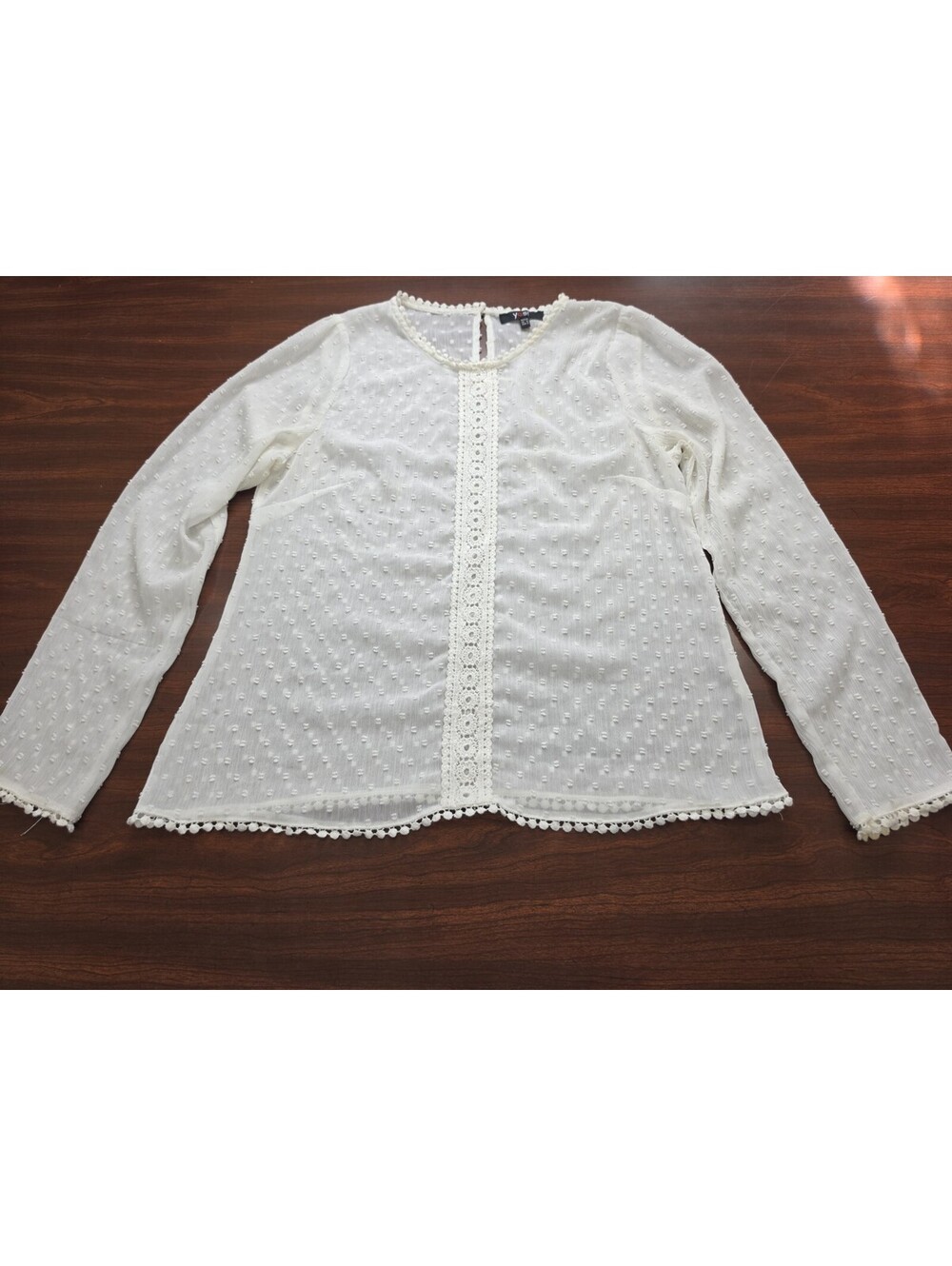 Yest Ivory Swiss Dot Crochet Trim Long Sleeve Sheer Blouse SZ 6 Cottagecore Top